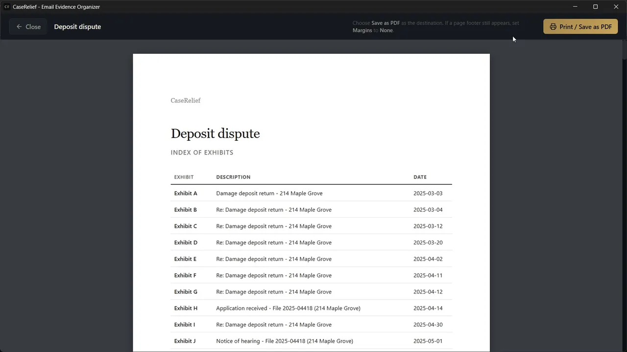 A CaseRelief binder titled Deposit dispute: an index of exhibits, each email with its number, date and description.