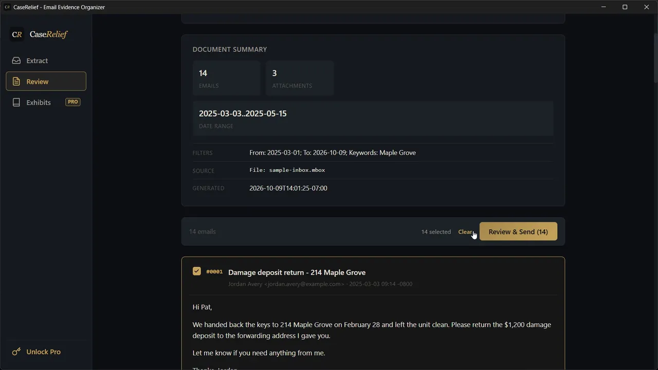 CaseRelief's Review screen: a list of emails, each with a checkbox, ready to review before release.